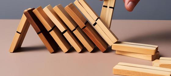 una mano ferma un gruppo di legnetti stile domino che cadono uno sull'altro impedendo che altri si abbattano