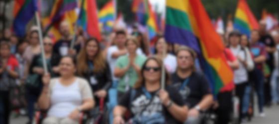 gruppo persone in corteo, uomini, donne, anche in carrozzina, sventolano bandiere colorate e manifestano pacificamente