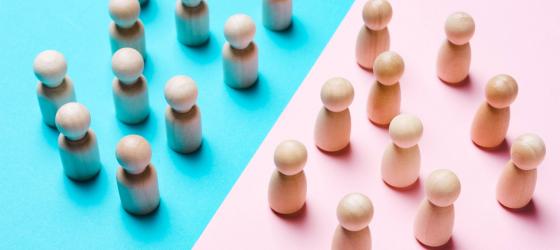 una schacchiera colorata di rosa e blu con pedine di legno disposte di fronte
