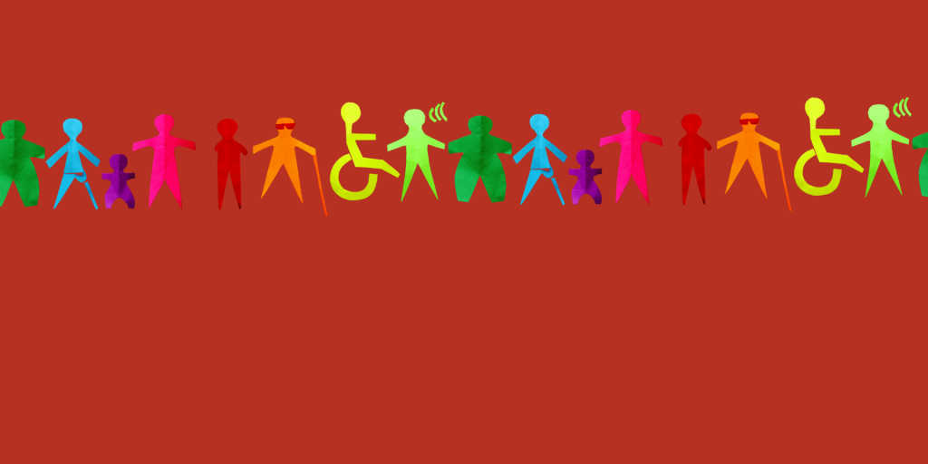 img con sfondo rosso e loghi persone con diverse disabilità