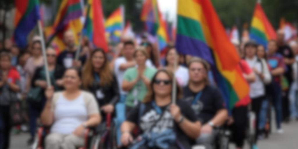 gruppo persone in corteo, uomini, donne, anche in carrozzina, sventolano bandiere colorate e manifestano pacificamente